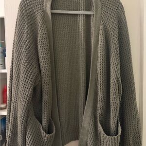 American Eagle Outfitters Olive Green Waffle Knit Open Cardigan